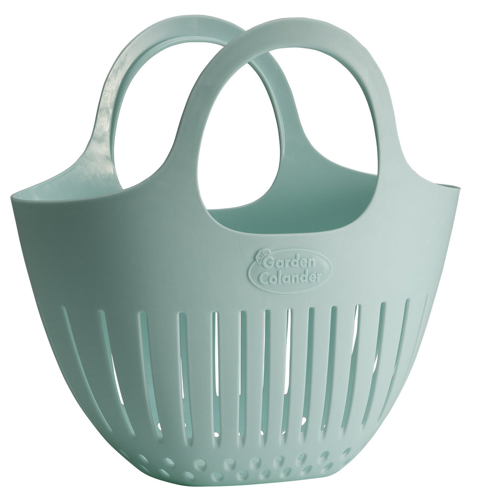 Hutzler Mini Colander in eggshell blue, front view, ideal for easy garden harvests