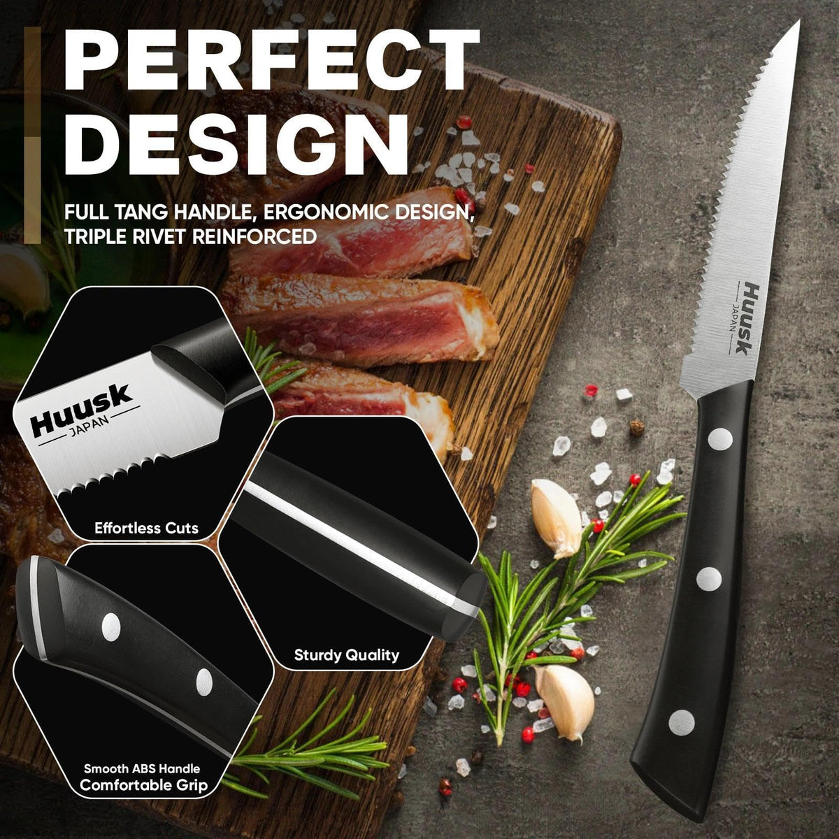 Huusk 440C stainless steel blades for durable sharpness on meat and grilled dishes.