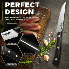 Huusk 440C stainless steel blades for durable sharpness on meat and grilled dishes.
