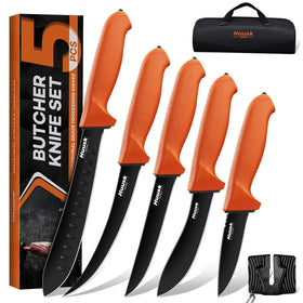 Huusk 5-piece butcher knife set in box; complete field-to-table meat prep kit.