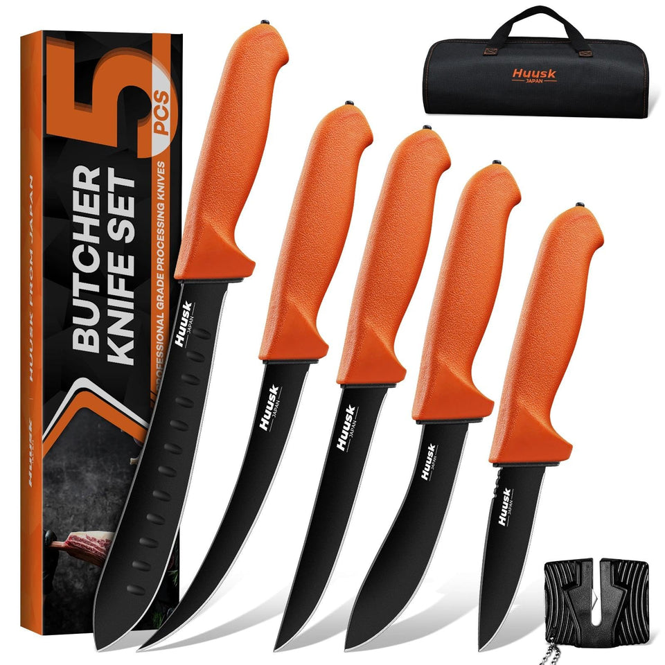 Huusk 5-piece butcher knife set in box; complete field-to-table meat prep kit.