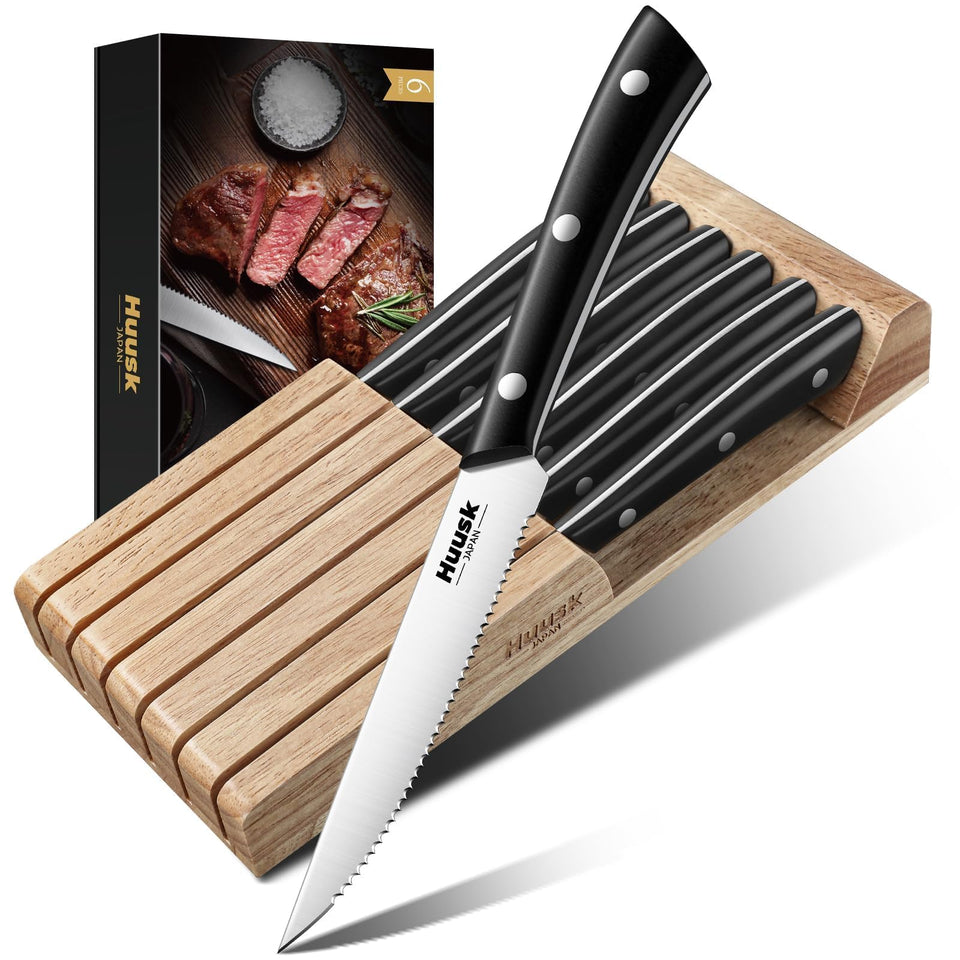 Huusk 6-piece steak knife set in block, organized and ready for precise, juicy slices.