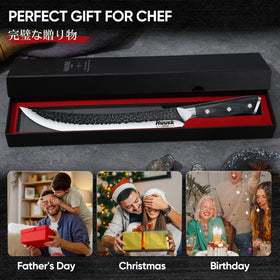 Huusk bbq knife in use on cutting board during grilling.