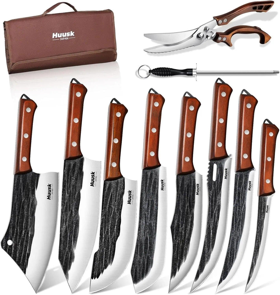 Huusk butcher knife set roll bag organizes blades for travel and camping use