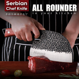 Huusk butcher cleaver close-up demonstrates robust chopping power.