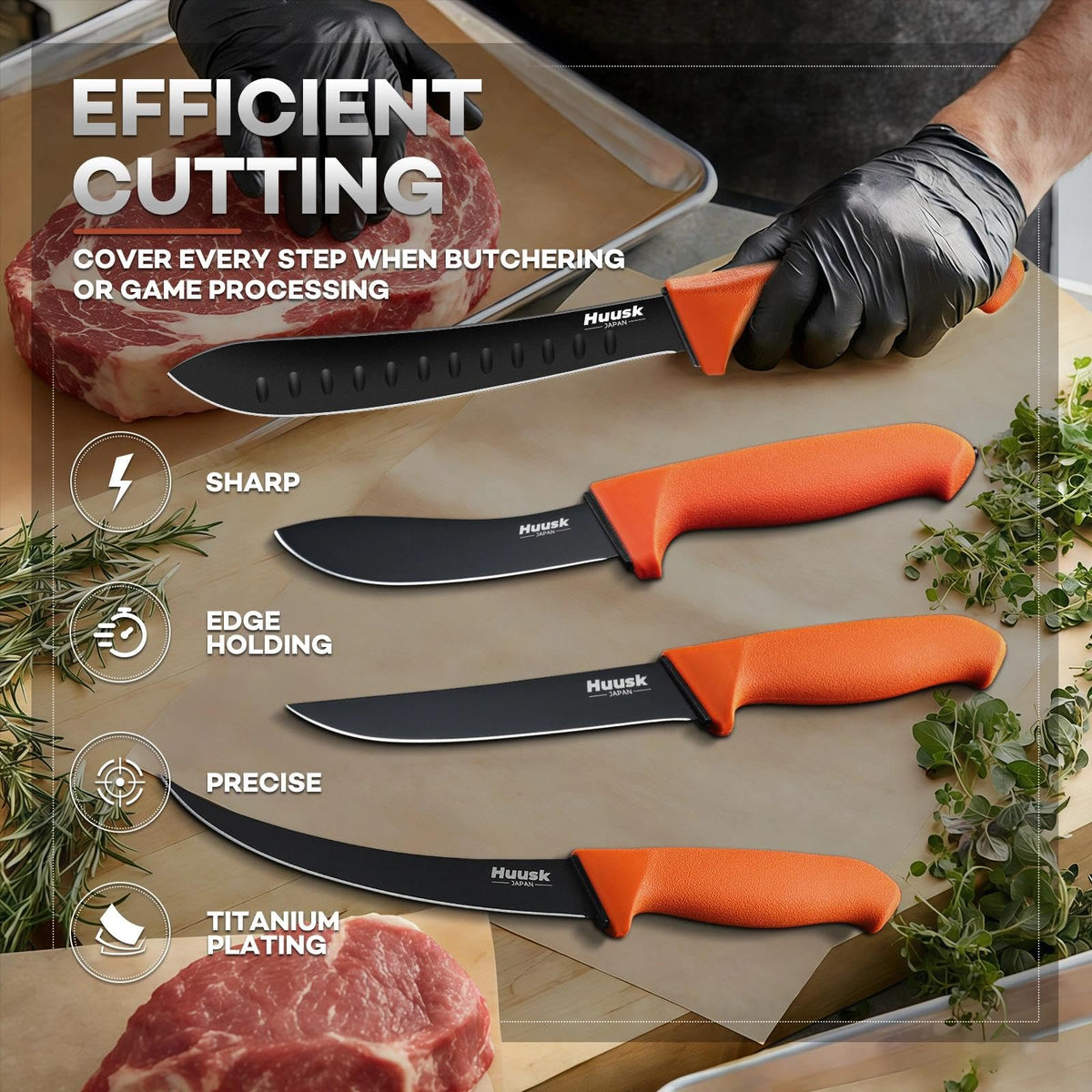 Huusk curved boning knife in use; precise carving for trimmed cuts.