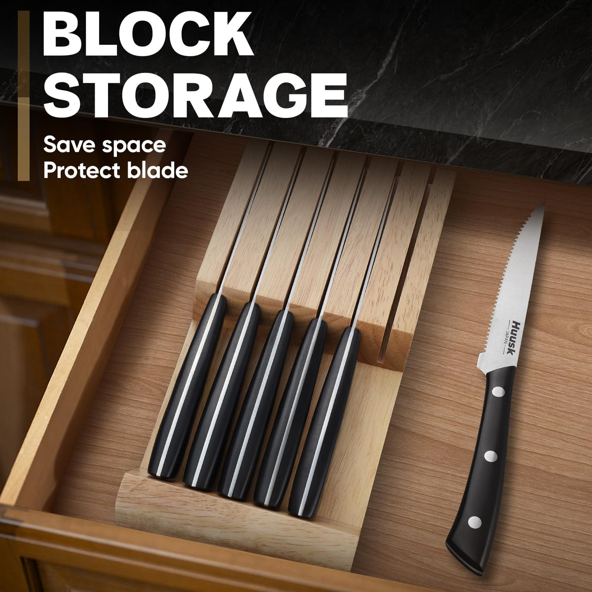 Huusk ergonomic full-tang handle with triple rivets offers steady grip.