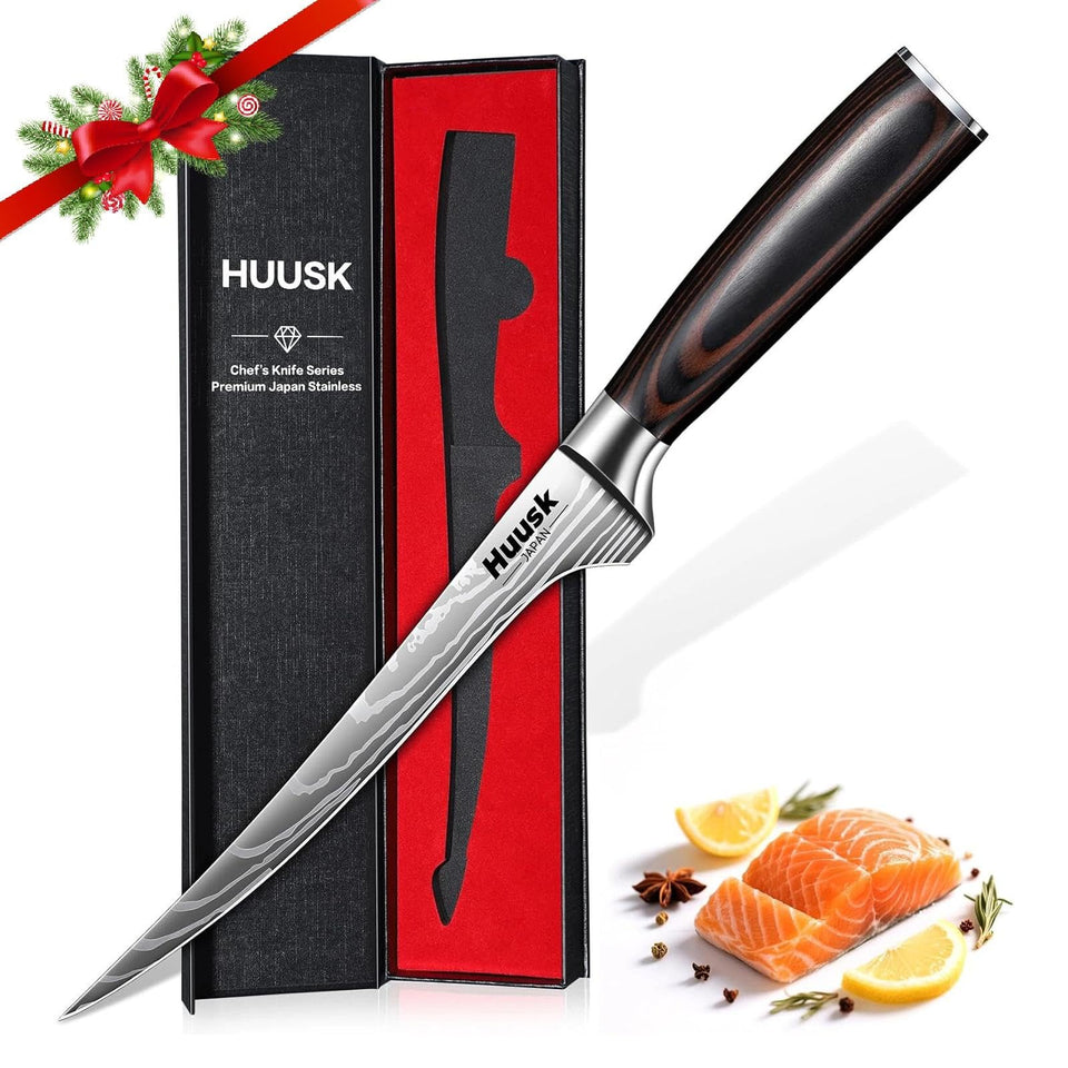 Huusk 7-inch filet knife with wood handle for precise fish filleting.
