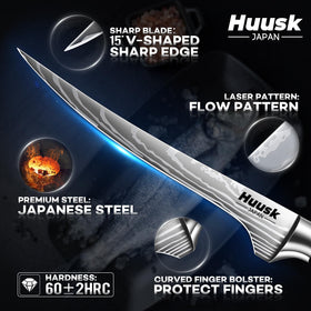 Huusk fish filet knife with laser-etched blade for clean, accurate cuts.