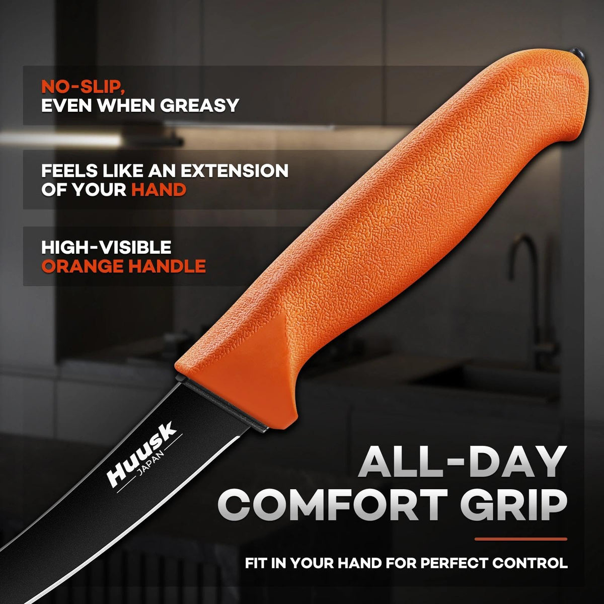 Huusk German stainless steel blade close-up; sharp, durable performance.