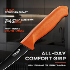 Huusk German stainless steel blade close-up; sharp, durable performance.