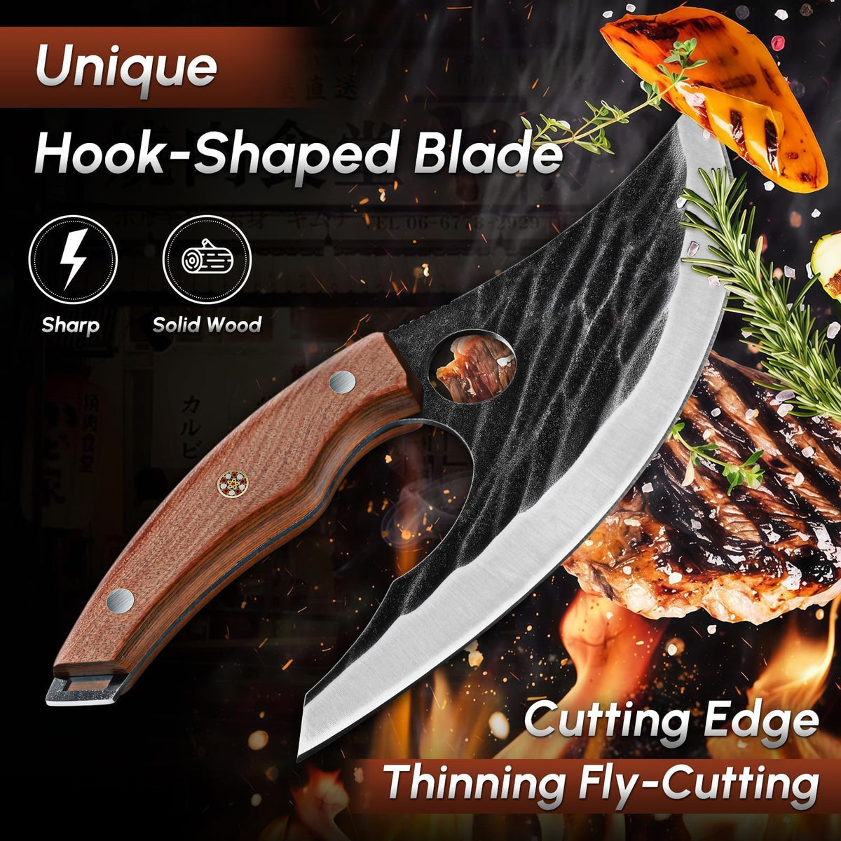 Huusk Japan Ulu Knife full-tang wood handle demonstrates durability and secure grip.