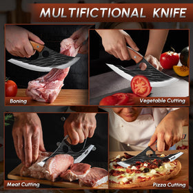 Huusk Japan Ulu Knife slicing pizza illustrates multitasking capability.