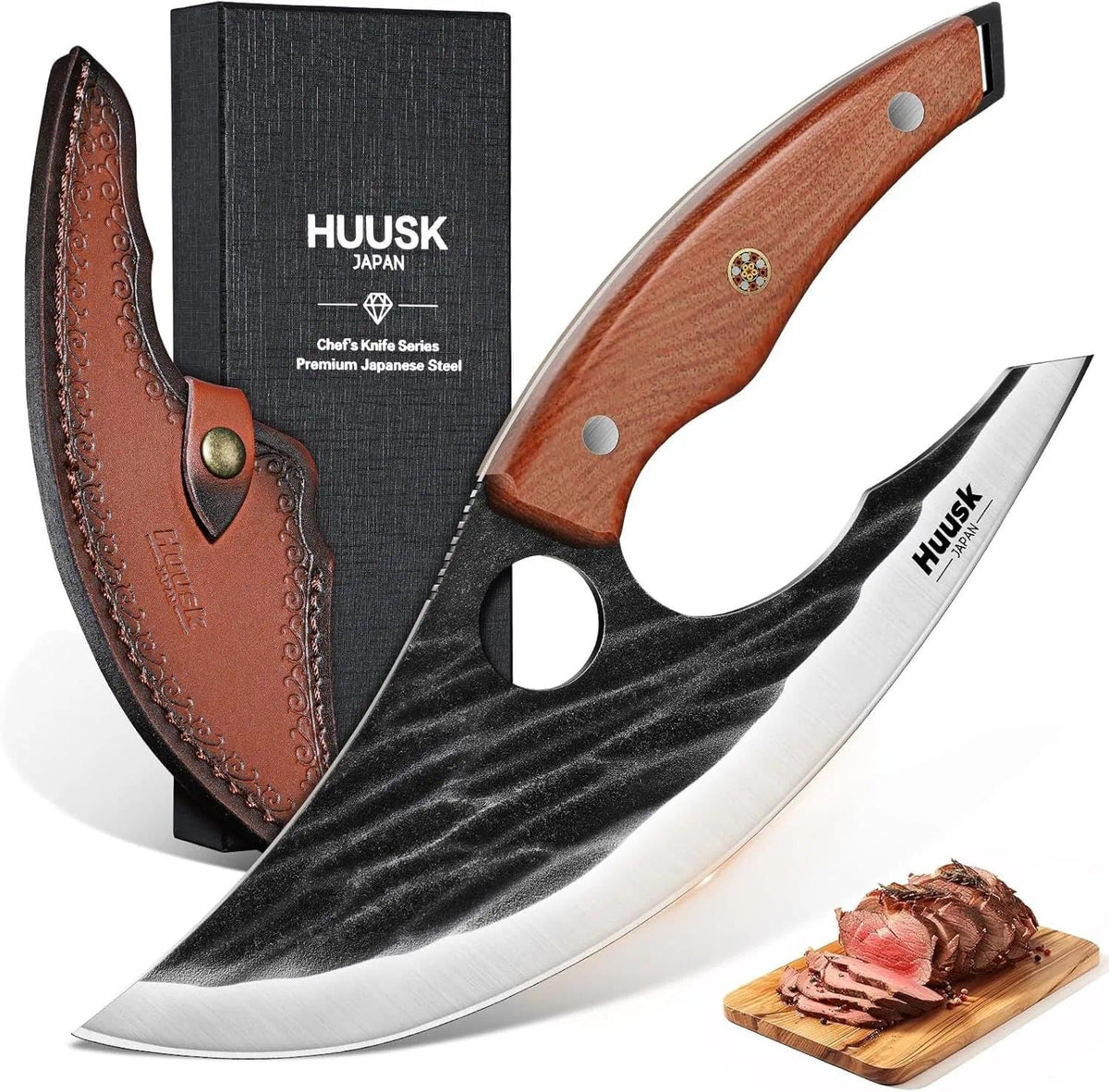 Huusk Japan Ulu Knife with sheath clipped on belt for hands-free use.