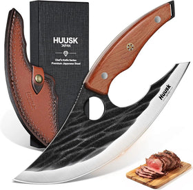 Huusk Japan Ulu Knife with sheath clipped on belt for hands-free use.