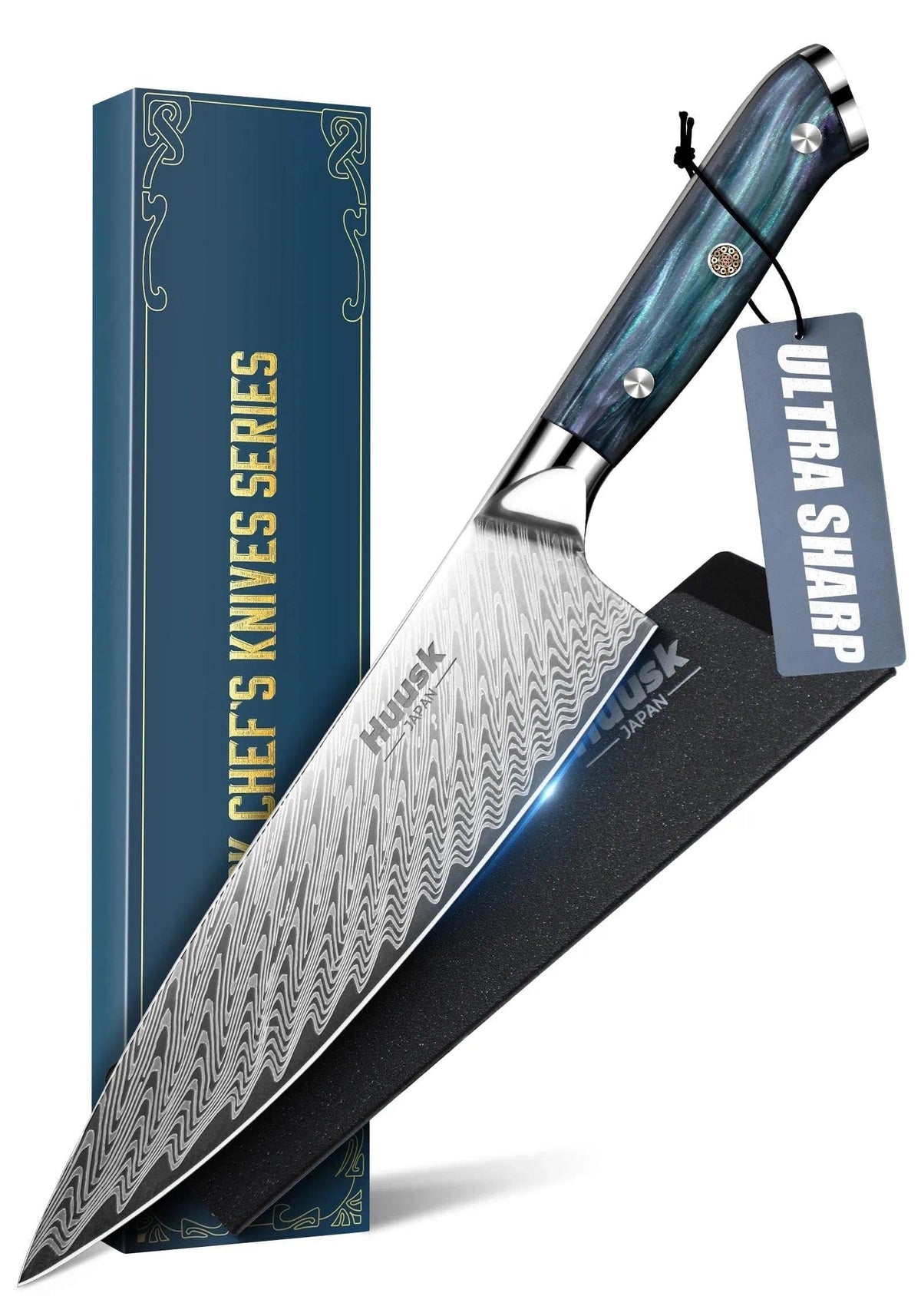 Huusk 8-inch Japanese Chef Knife blade close-up highlights precision slicing
