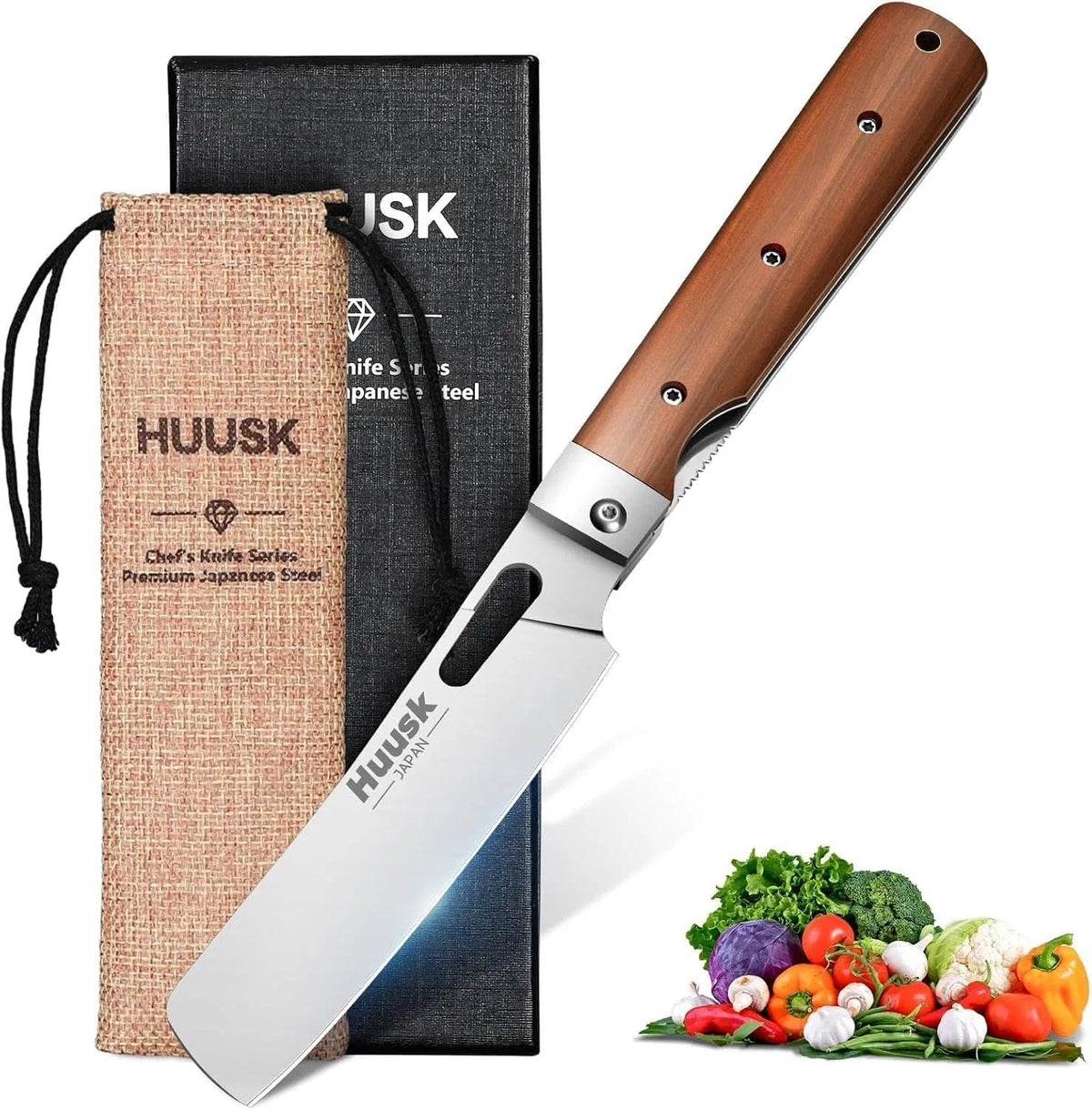 Huusk folding Nakiri knife blade close-up for precise chopping