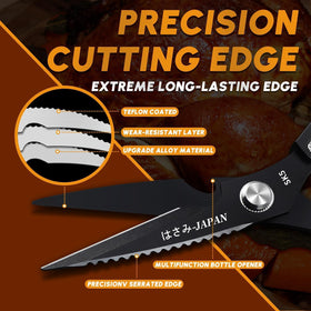 Huusk Japanese kitchen scissors cutting through meat and bones.