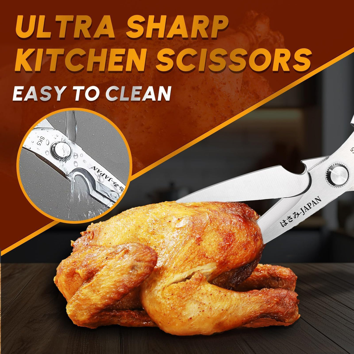 Huusk kitchen scissors ergonomic handles close-up for comfortable long-use cutting