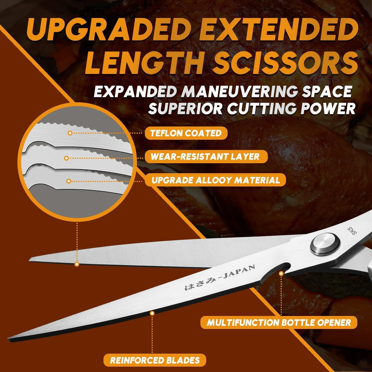 Huusk heavy-duty kitchen shears cutting through bones and thick ingredients