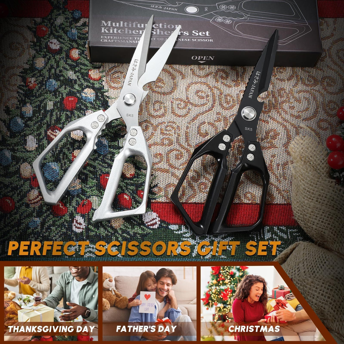 Huusk kitchen shears in action on cutting board.
