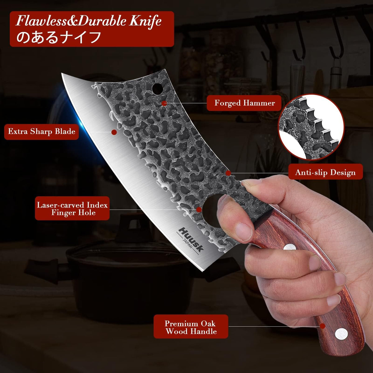 Huusk 58HRC steel edge retention maintains performance through dense cuts.