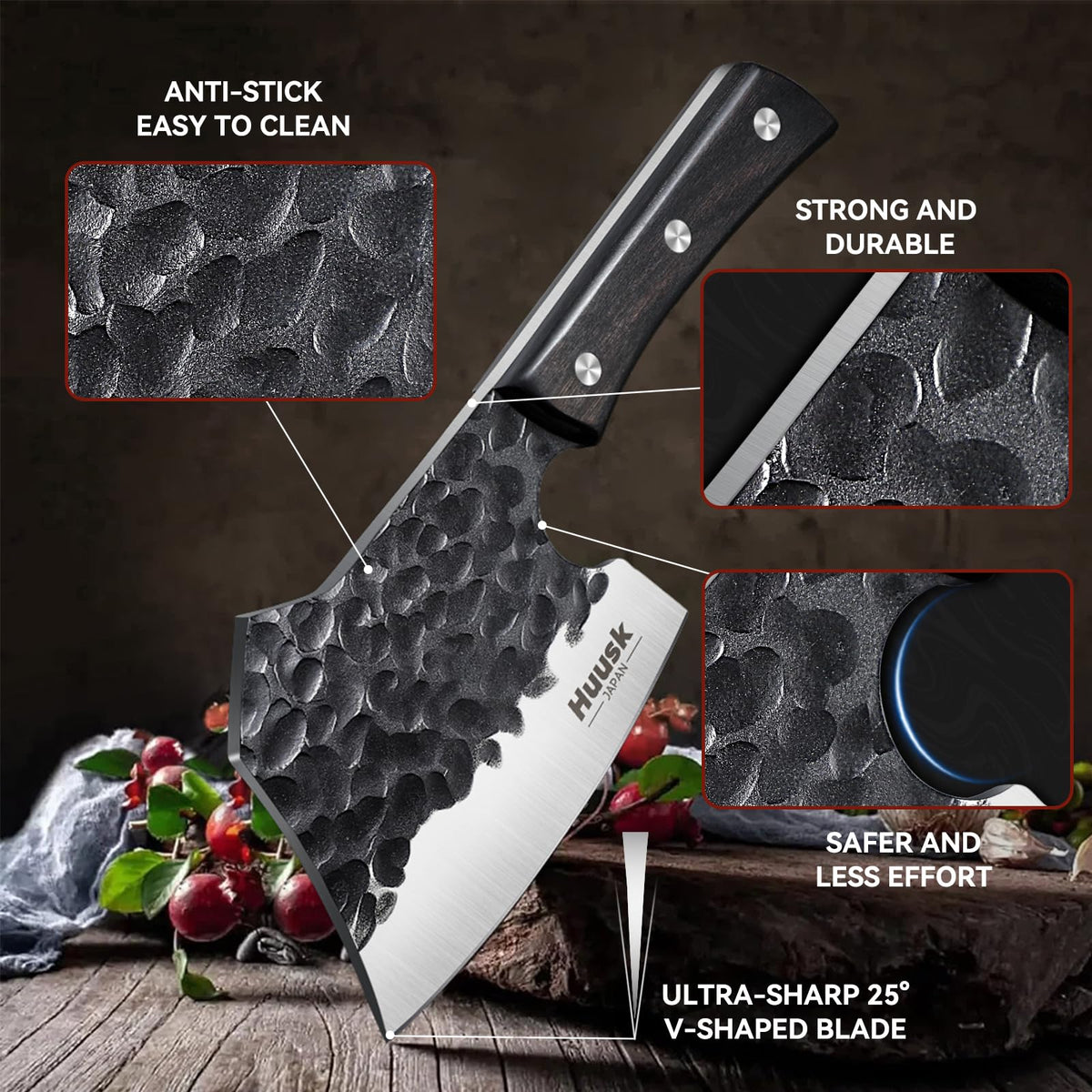 Huusk meat cleaver bone-chopping action enabling efficient processing.