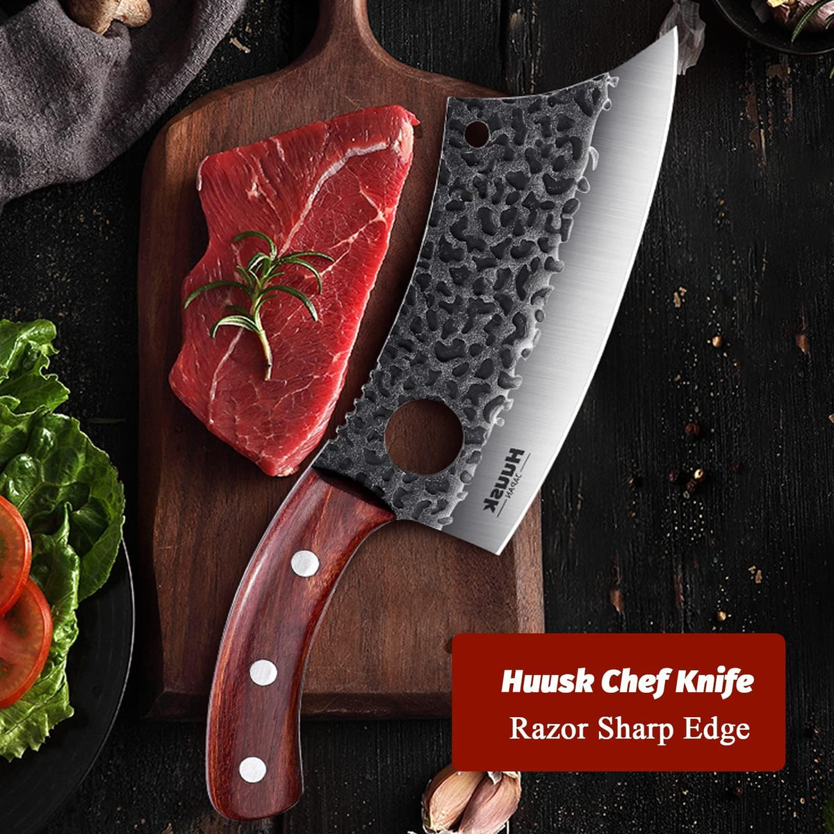 Huusk cleaver excels at slicing vegetables and meat with versatility.