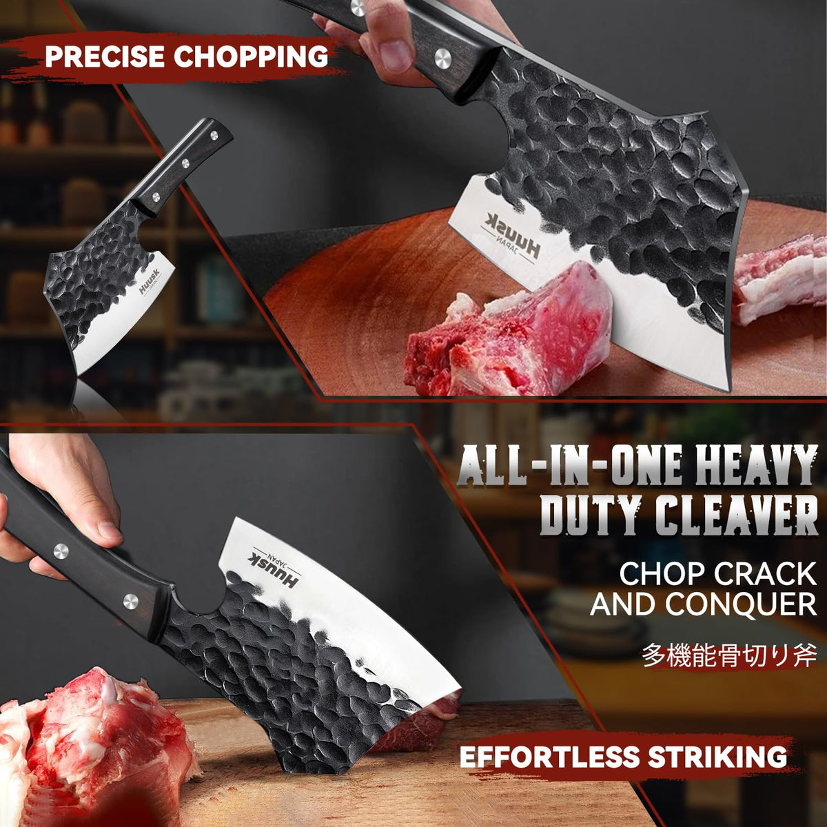 Huusk meat cleaver showing ergonomic ebony handle for controlled cuts.