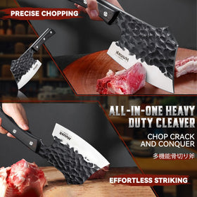Huusk meat cleaver showing ergonomic ebony handle for controlled cuts.
