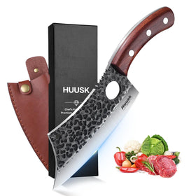 Huusk meat cleaver blade closeup highlights sharp edge for precise meat prep.