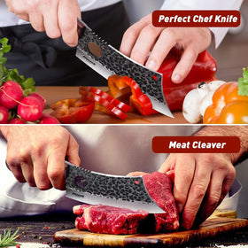 Huusk meat cleaver handle wooden grip enhances comfort during prolonged chopping.
