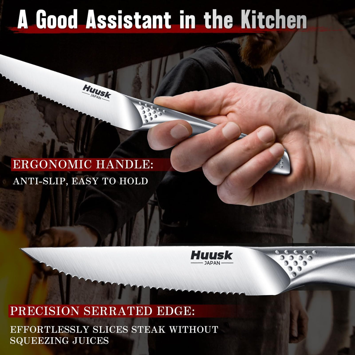 Huusk mirror-polished finish steak knives adding style to table