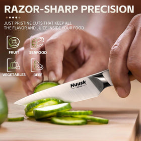 Huusk paring knife showcasing ergonomic ivory handle for comfortable prep.