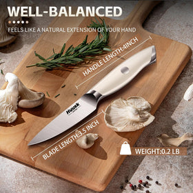 Huusk paring knife with full-tang construction for balanced control.