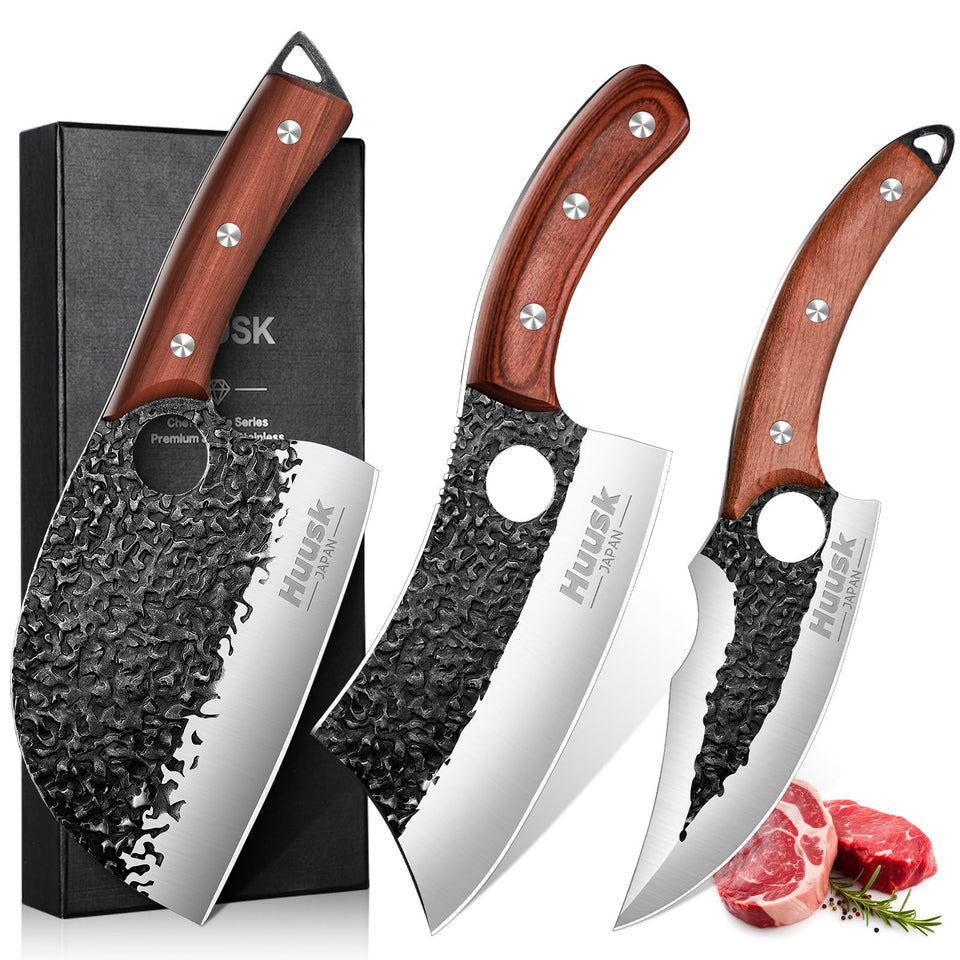 Huusk Serbian chef knife close-up shows a razor edge for precise slicing.