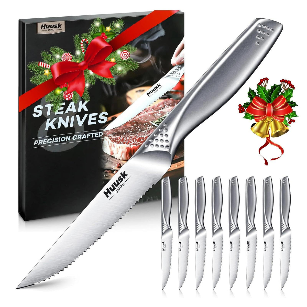 Huusk serrated steak knives set eight pieces in a gift box, ideal for stylish gifting.