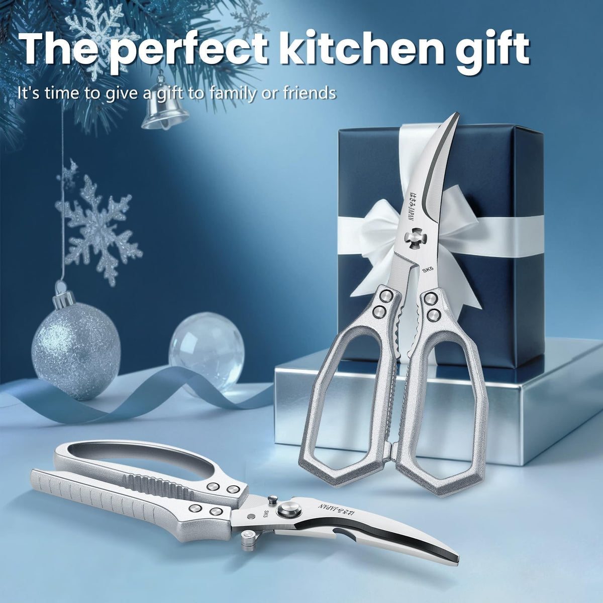 Huusk Silver Kitchen Scissors in a stylish gift box, ideal for cooks.