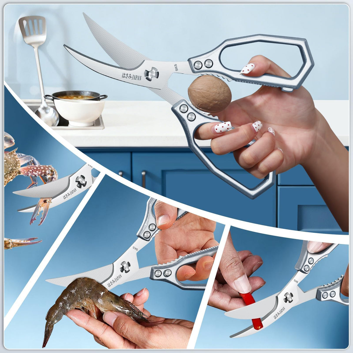 Huusk Silver Kitchen Scissors with built-in nutcracker for shell cracking.