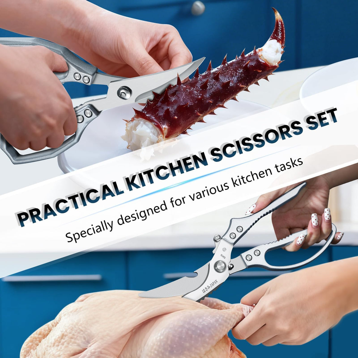 Huusk Silver Kitchen Scissors for seafood with curved blades for precise cuts.