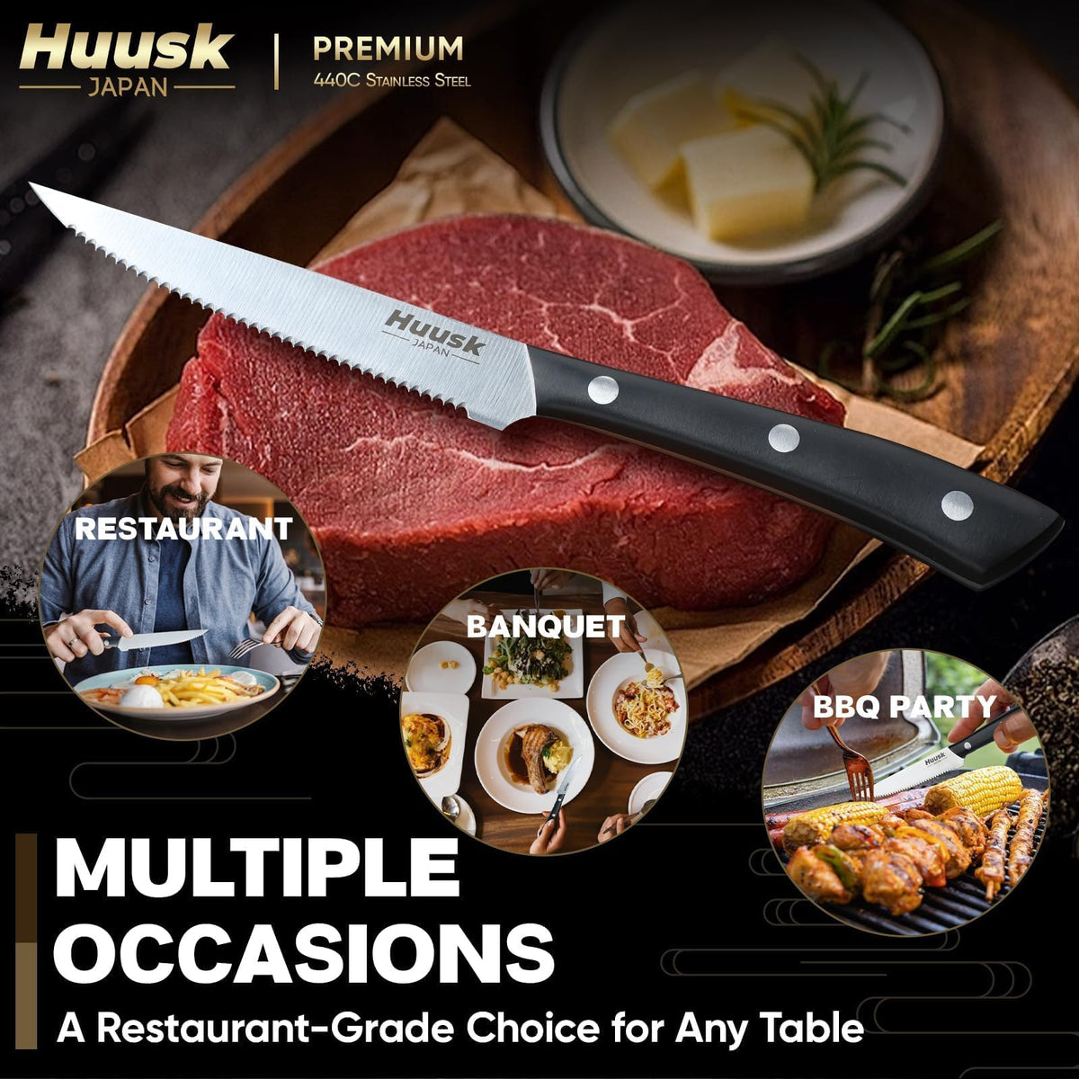 Huusk 440C stainless steel blade detail highlighting hardness and sharpness.