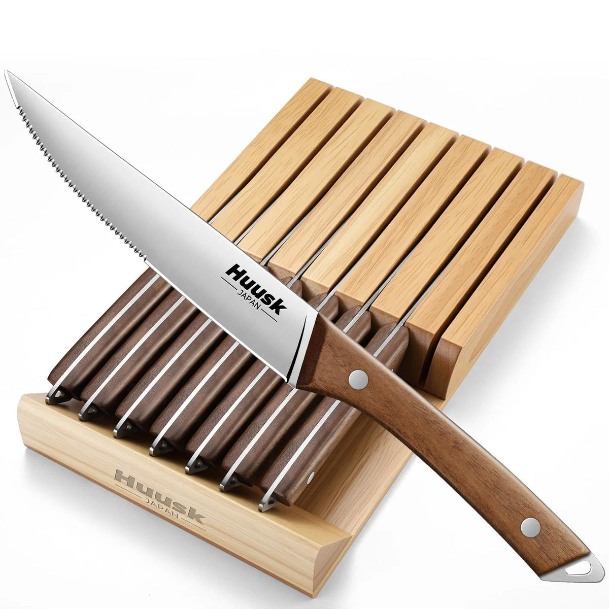 Huusk 8-piece steak knives set in a drawer block for organized kitchen prep.