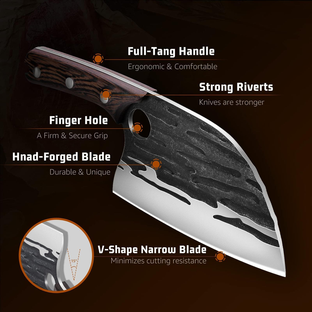 Hammered blade reduces sticking when cutting meat with Huusk.