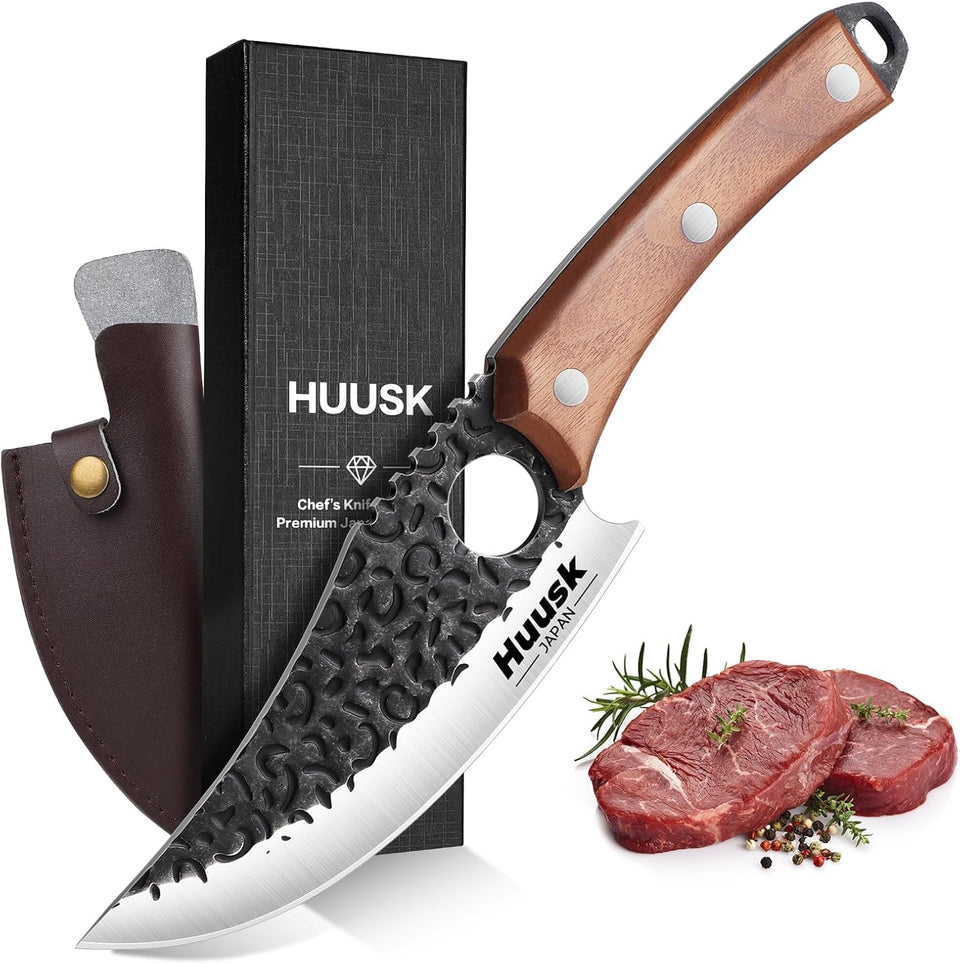 Huusk Viking knife blade close-up with hammered texture for smooth, anti-stick slicing.
