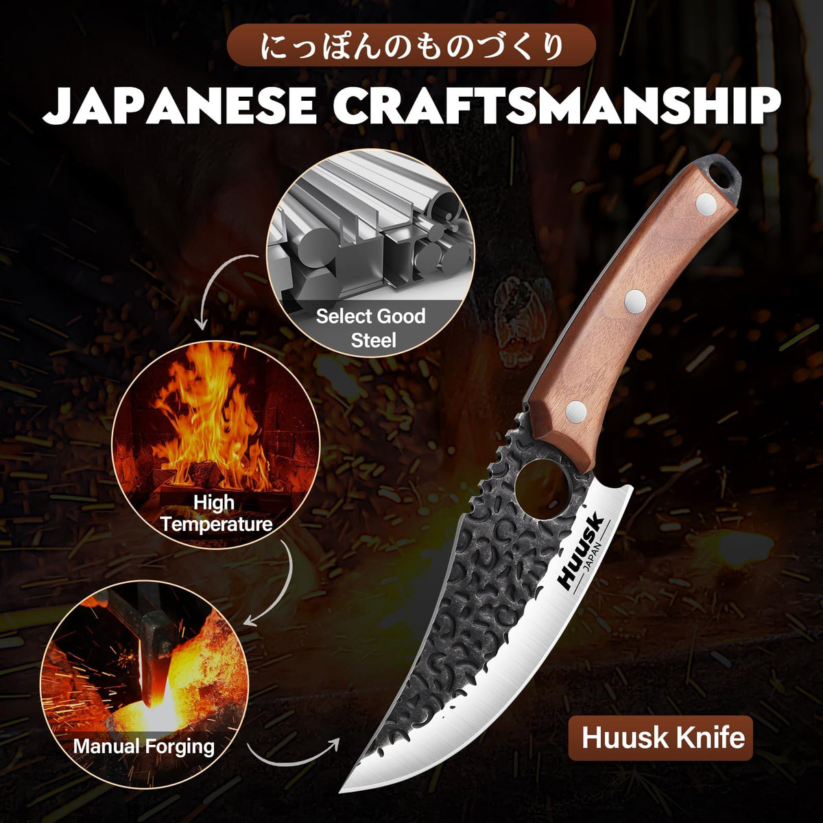 Huusk Viking knife full-tang handle offering balanced control during cuts.