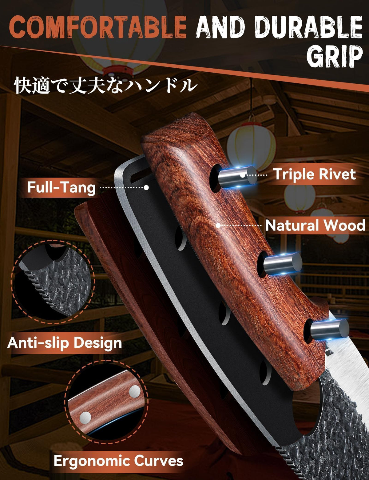 Huusk Viking knife hammered blade texture reduces sticking for easy cleanup.