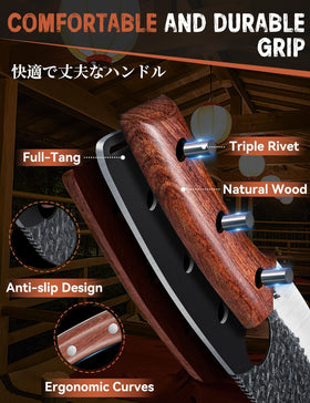 Huusk Viking knife hammered blade texture reduces sticking for easy cleanup.