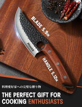 Huusk Viking knife outdoor prep scene for camping and BBQ.