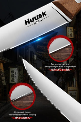 Huusk wooden-grip steak knives offer ergonomic balance for comfortable slicing.