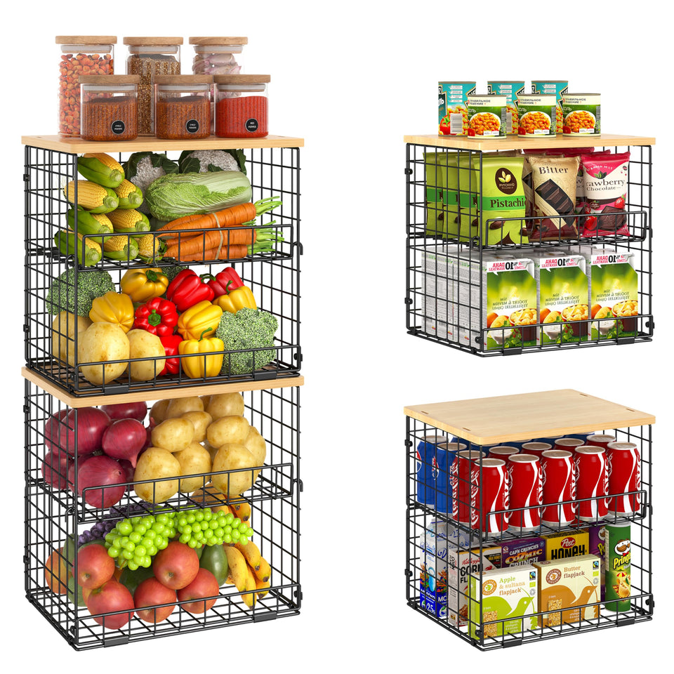 Huxitocan 4-pack stackable baskets for easy pantry access.